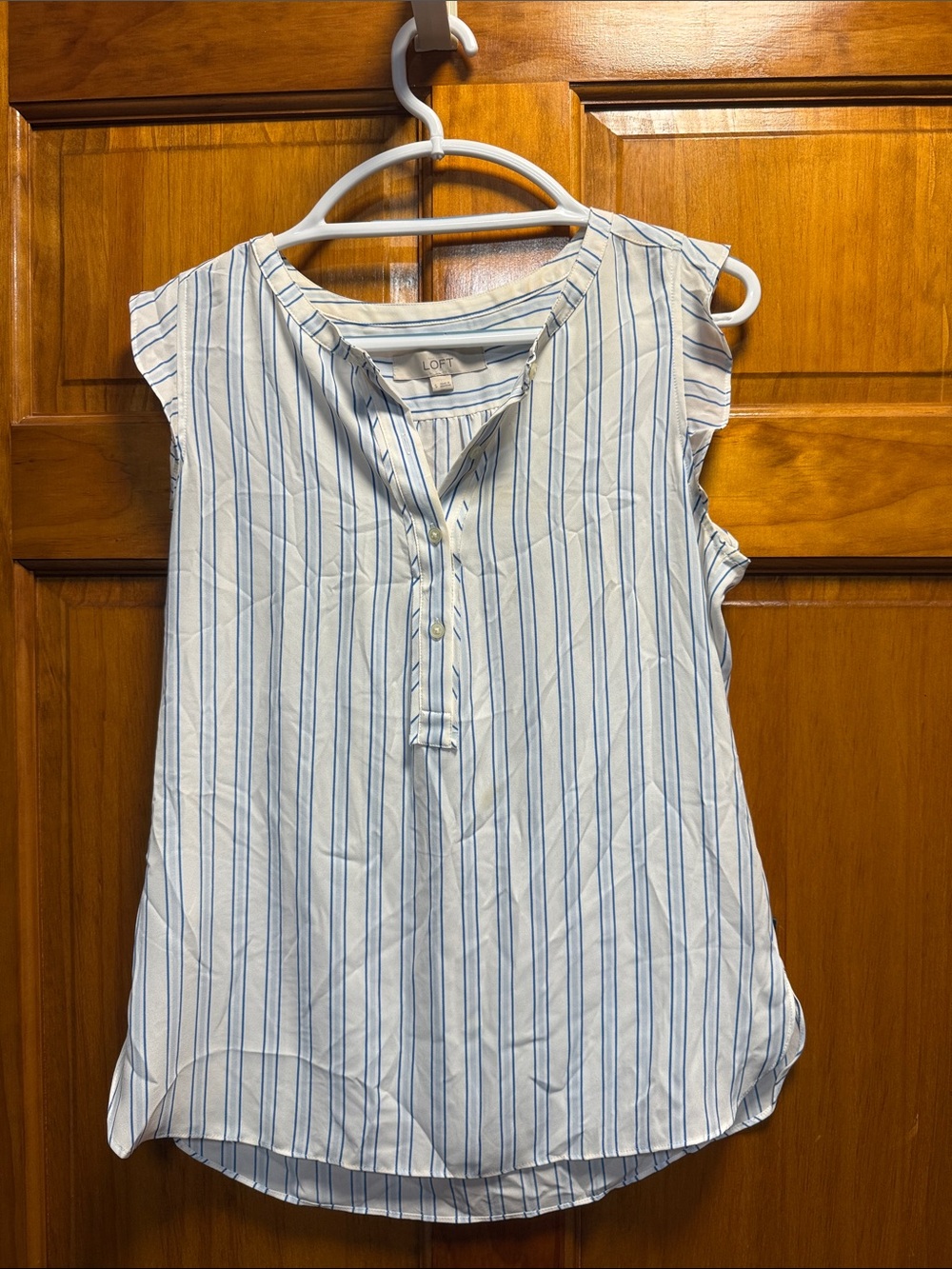 LOFT White and Light Blue Vertical Stripe Cap-Sleeve Blouse